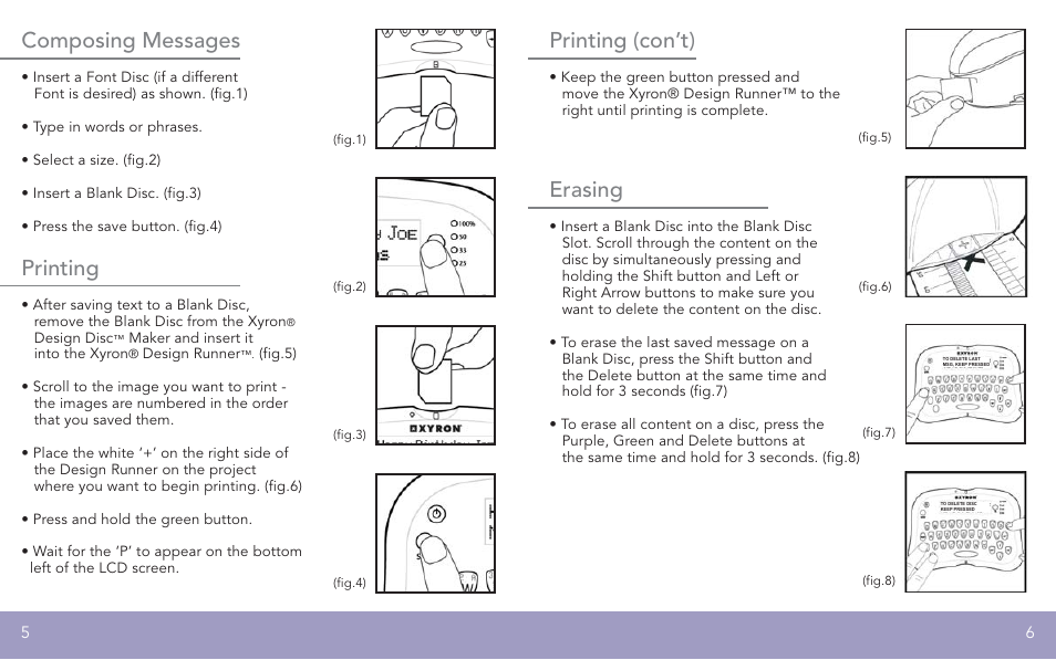 Composing messages, Printing (con’t), Erasing | Printing | Xyron FPO User Manual | Page 4 / 6