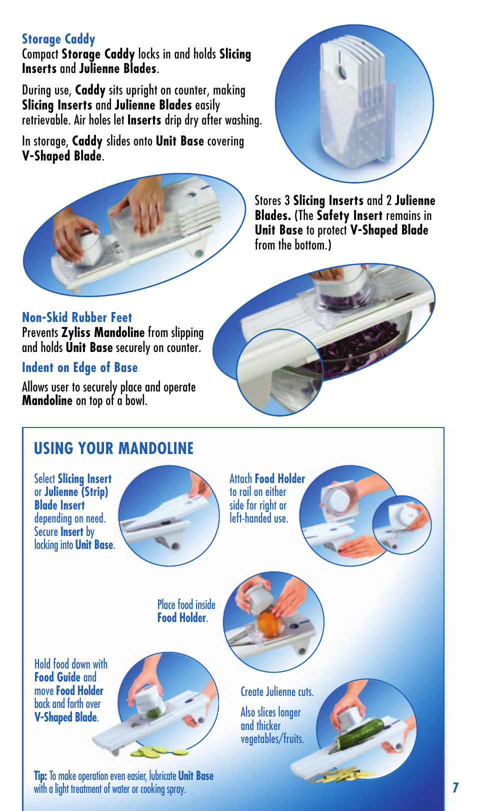 Using your mandoline | Zyliss safety rail-guided slicer easyslice mandolineTM User Manual | Page 7 / 12