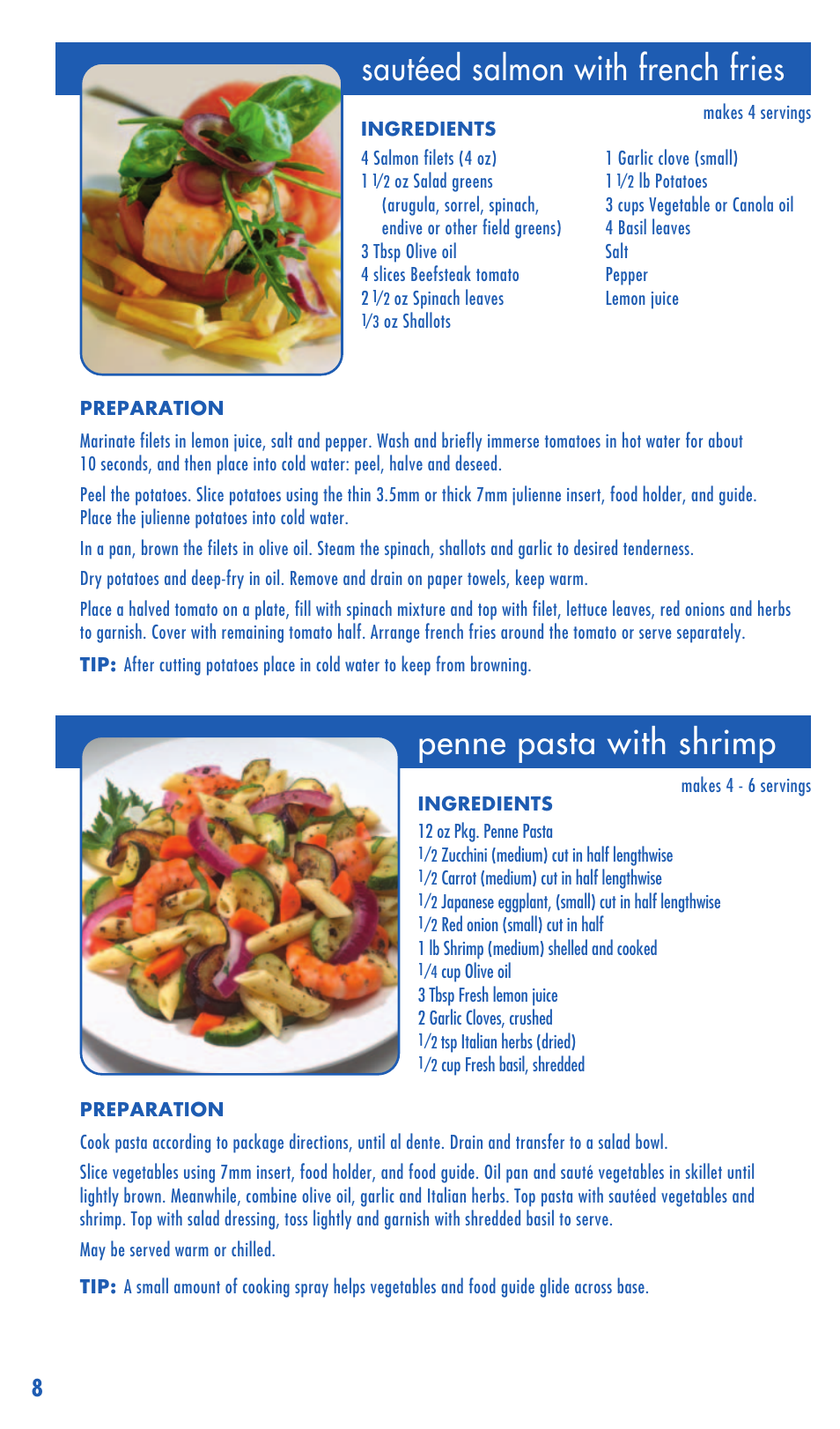 Sautéed salmon with french fries, Penne pasta with shrimp | Zyliss safety rail-guided slicer easyslice mandolineTM User Manual | Page 8 / 12