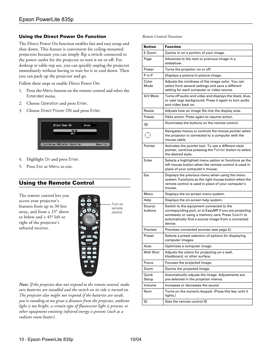 Using the direct power on function, Using the remote control, Epson powerlite 835p | Zyliss PowerLite 835p User Manual | Page 10 / 20