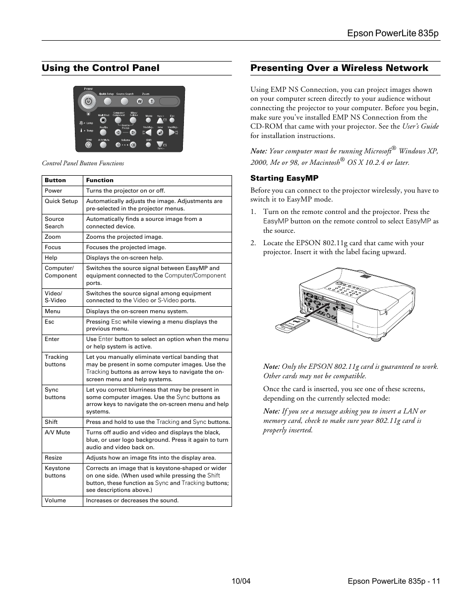 Using the control panel, Presenting over a wireless network, Starting easymp | Epson powerlite 835p | Zyliss PowerLite 835p User Manual | Page 11 / 20