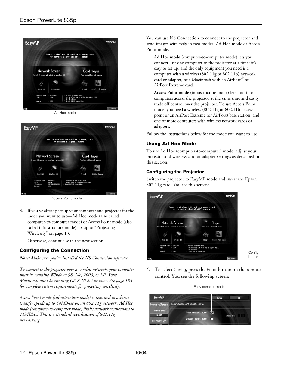 Configuring the connection, Using ad hoc mode | Zyliss PowerLite 835p User Manual | Page 12 / 20