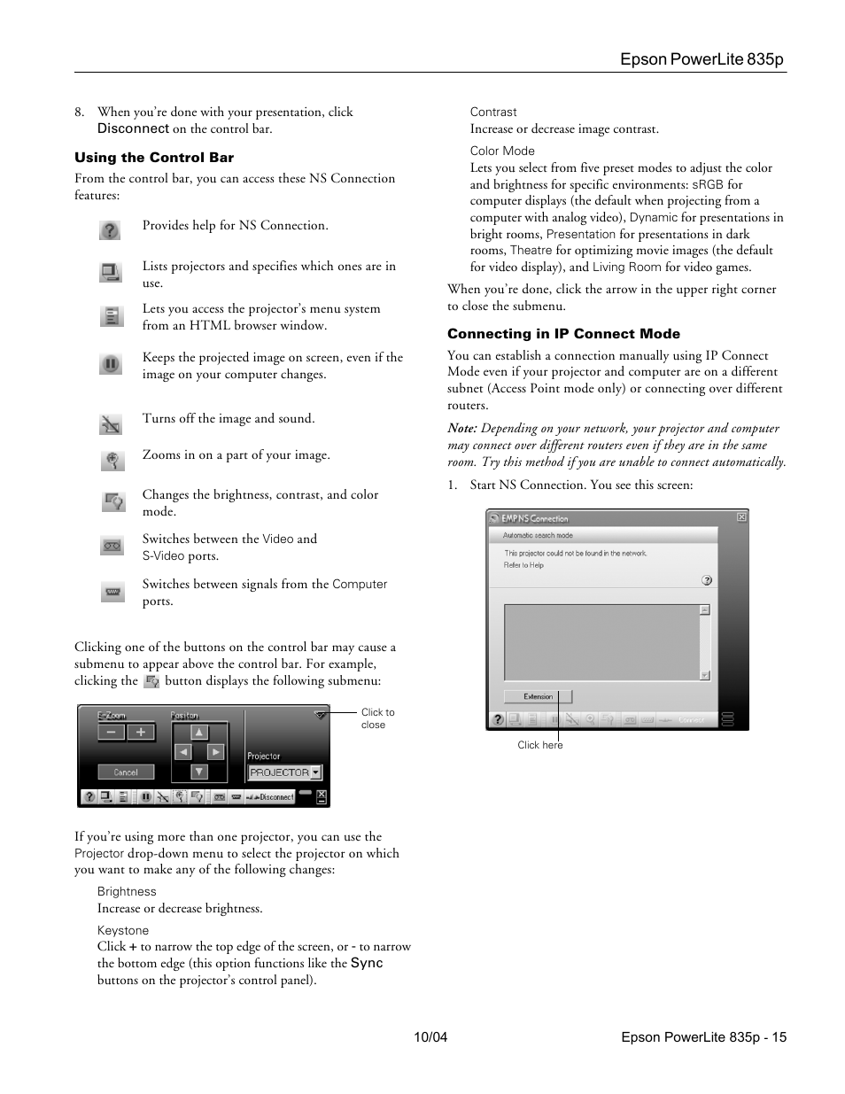Using the control bar, Connecting in ip connect mode | Zyliss PowerLite 835p User Manual | Page 15 / 20
