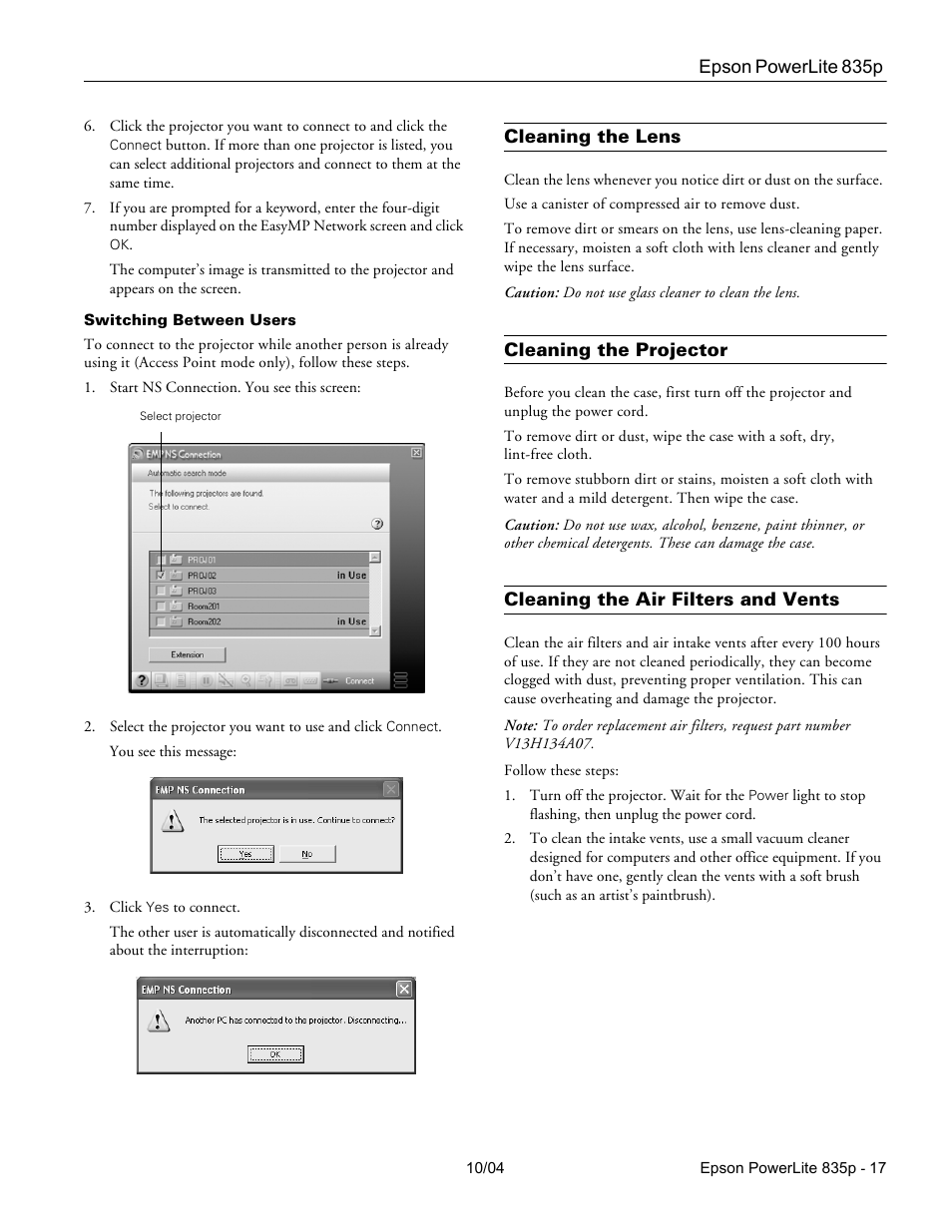 Switching between users, Cleaning the lens, Cleaning the projector | Cleaning the air filters and vents | Zyliss PowerLite 835p User Manual | Page 17 / 20