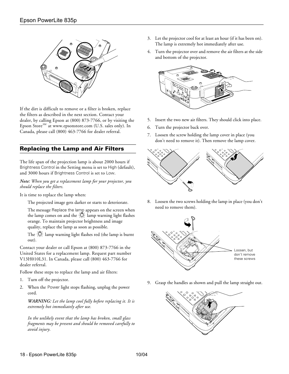 Replacing the lamp and air filters | Zyliss PowerLite 835p User Manual | Page 18 / 20