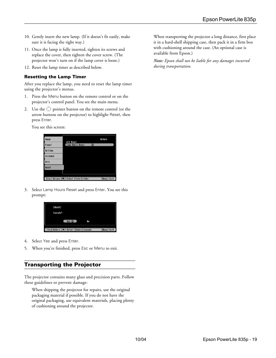 Resetting the lamp timer, Transporting the projector | Zyliss PowerLite 835p User Manual | Page 19 / 20