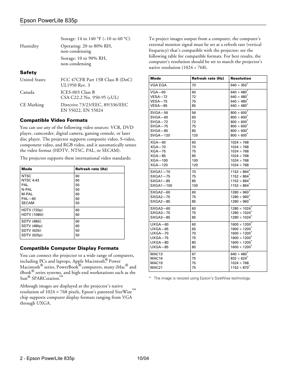 Compatible video formats, Compatible computer display formats, Epson powerlite 835p | Zyliss PowerLite 835p User Manual | Page 2 / 20