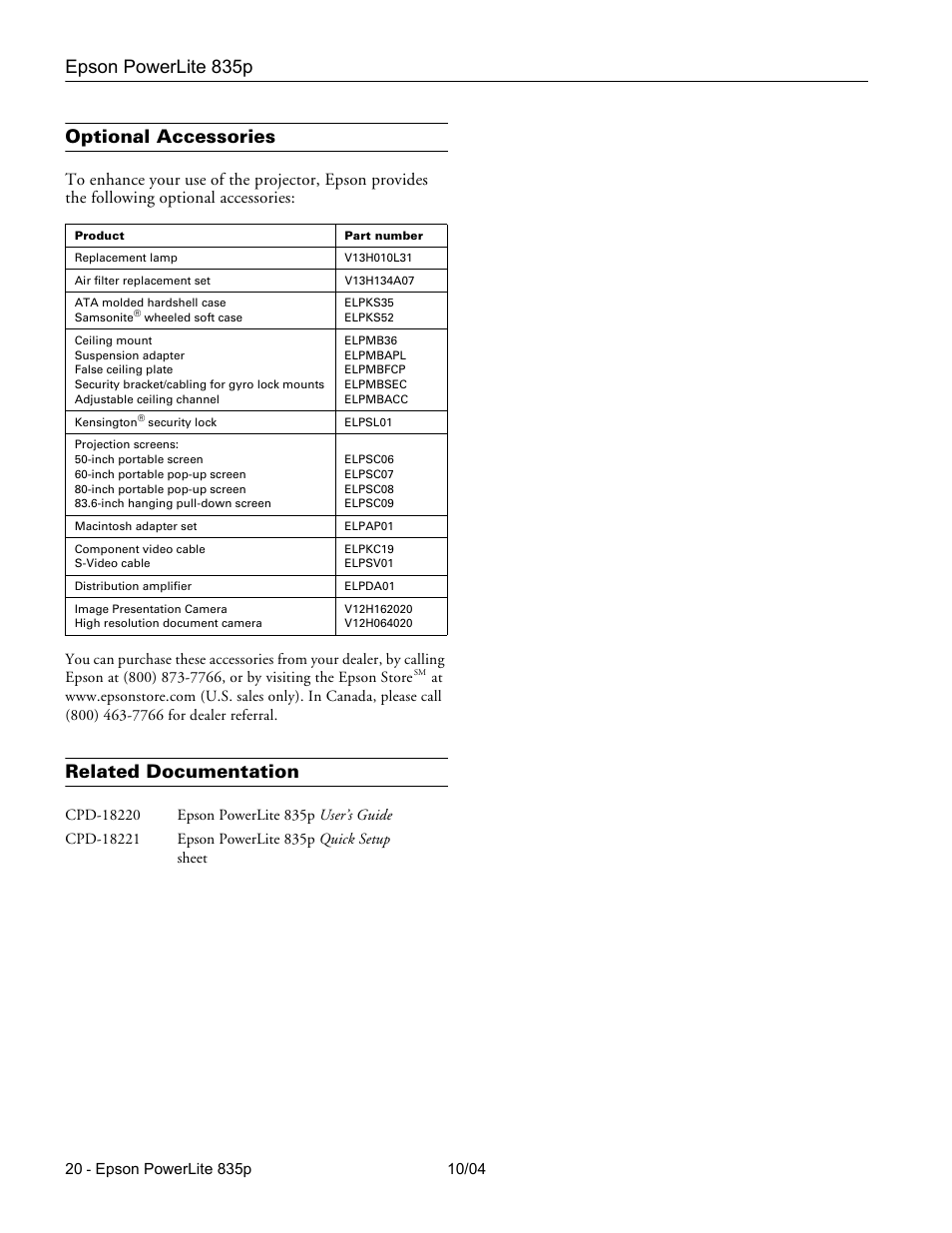 Optional accessories, Related documentation, Epson powerlite 835p | Zyliss PowerLite 835p User Manual | Page 20 / 20