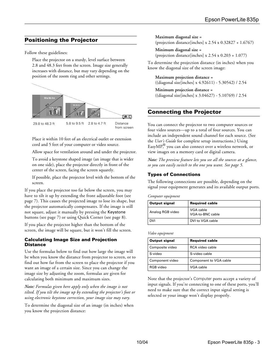 Positioning the projector, Calculating image size and projection distance, Connecting the projector | Types of connections, Epson powerlite 835p | Zyliss PowerLite 835p User Manual | Page 3 / 20
