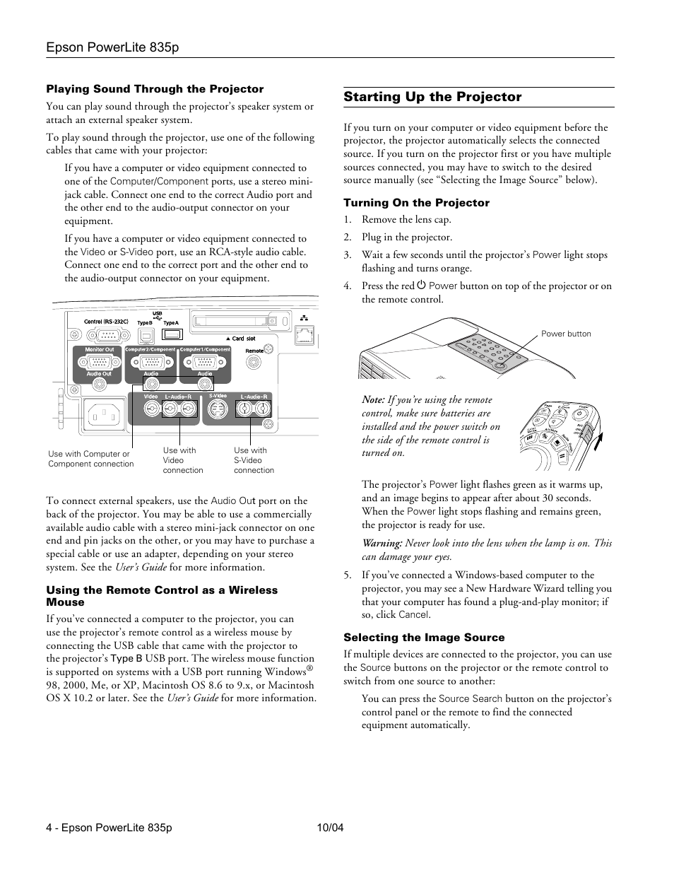Playing sound through the projector, Using the remote control as a wireless mouse, Starting up the projector | Turning on the projector, Selecting the image source | Zyliss PowerLite 835p User Manual | Page 4 / 20