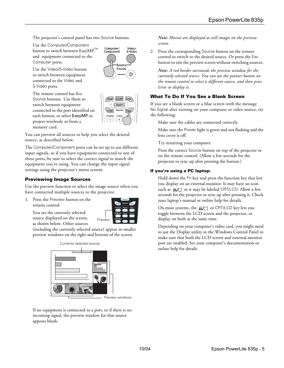 Previewing image sources, What to do if you see a blank screen, Epson powerlite 835p | Zyliss PowerLite 835p User Manual | Page 5 / 20