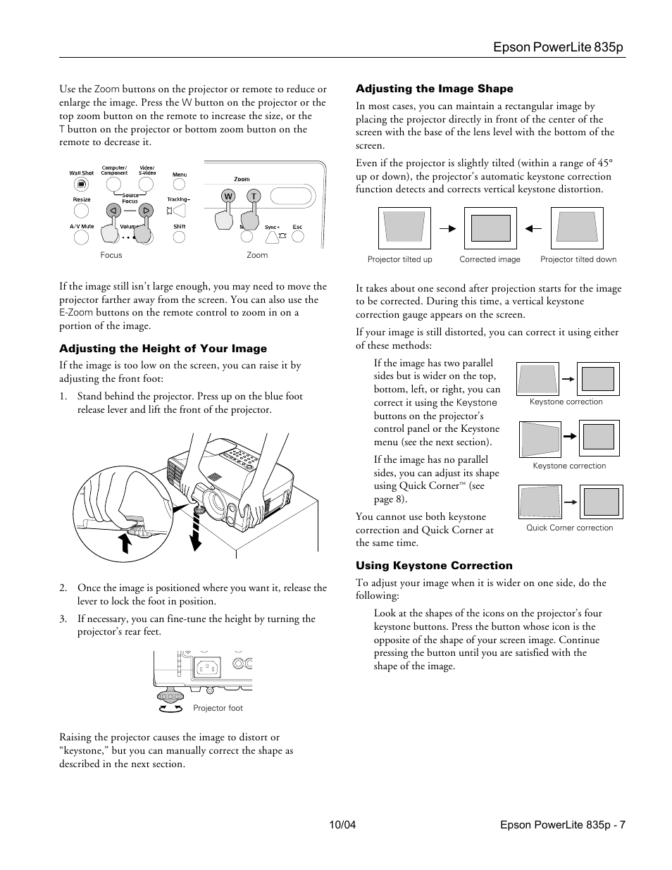 Adjusting the height of your image, Adjusting the image shape, Using keystone correction | Epson powerlite 835p | Zyliss PowerLite 835p User Manual | Page 7 / 20