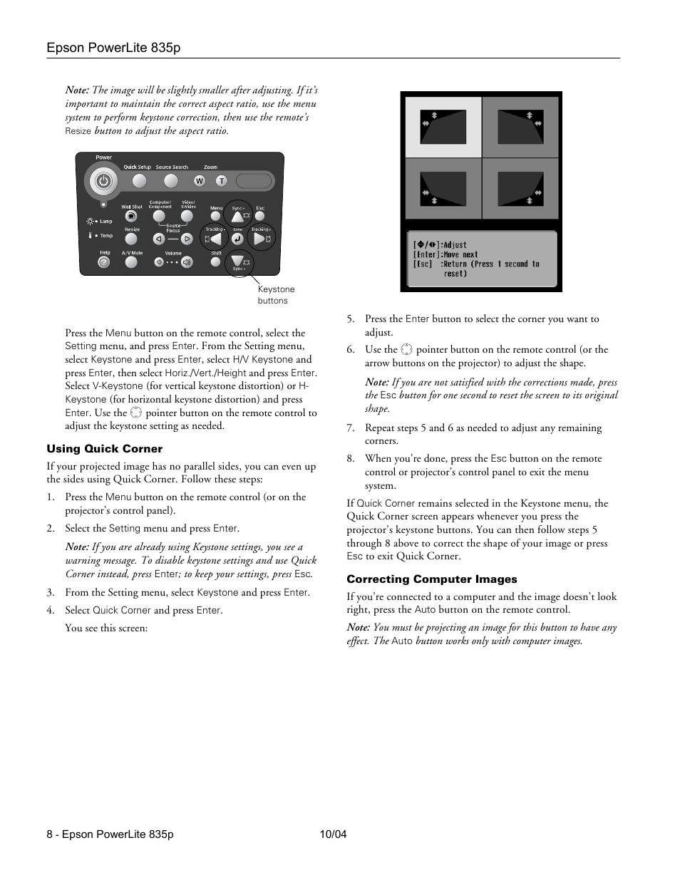 Using quick corner, Correcting computer images | Zyliss PowerLite 835p User Manual | Page 8 / 20