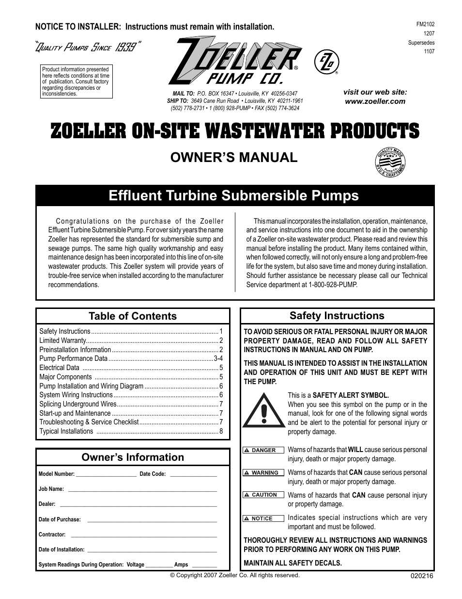Zoeller FM2102 User Manual | 8 pages