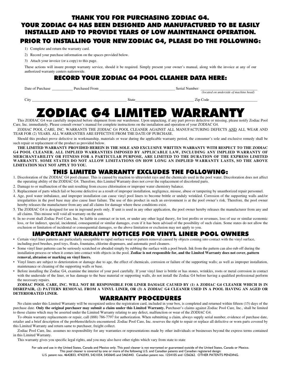 Zodiac g4 limited warranty, Record your zodiac g4 pool cleaner data here, This limited warranty excludes the following | Warranty procedures | Zodiac International G4 User Manual | Page 2 / 12