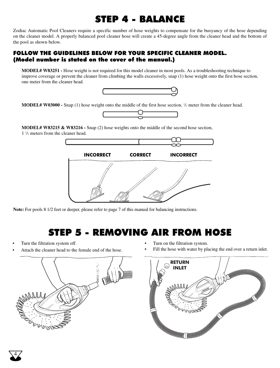 Step 4 - balance step 5 - removing air from hose | Zodiac International G4 User Manual | Page 6 / 12