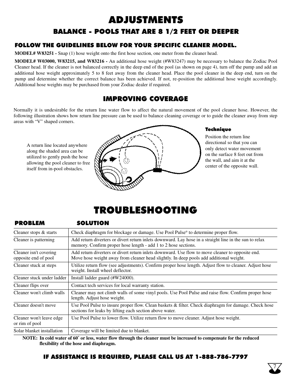 Adjustments, Troubleshooting, Balance - pools that are 8 1/2 feet or deeper | Improving coverage | Zodiac International G4 User Manual | Page 9 / 12