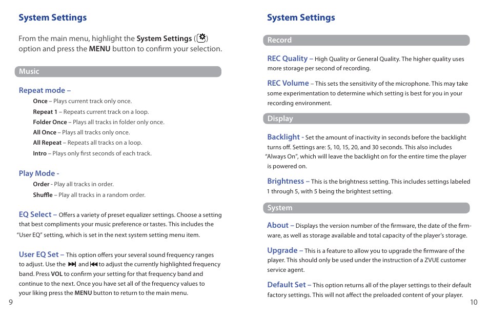 System settings | ZVue Sprit User Manual | Page 6 / 8