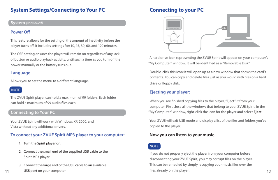 System settings/connecting to your pc, Connecting to your pc | ZVue Sprit User Manual | Page 7 / 8