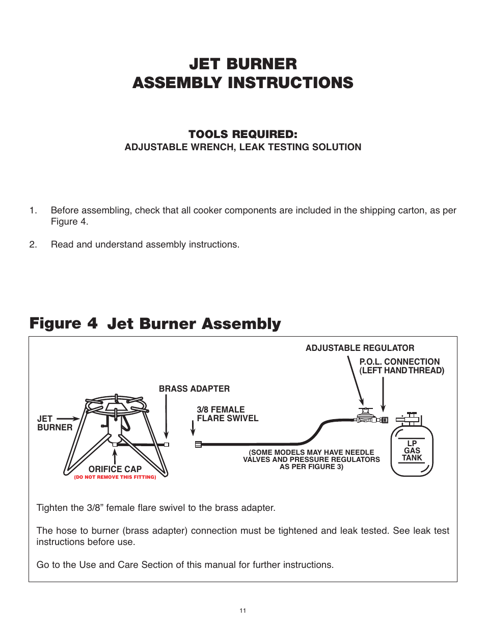 Jet burner assembly instructions, Figure 4 jet burner assembly, Tools required | Cooker King Cooker King Kooker OUTDOOR COOKER User Manual | Page 11 / 24