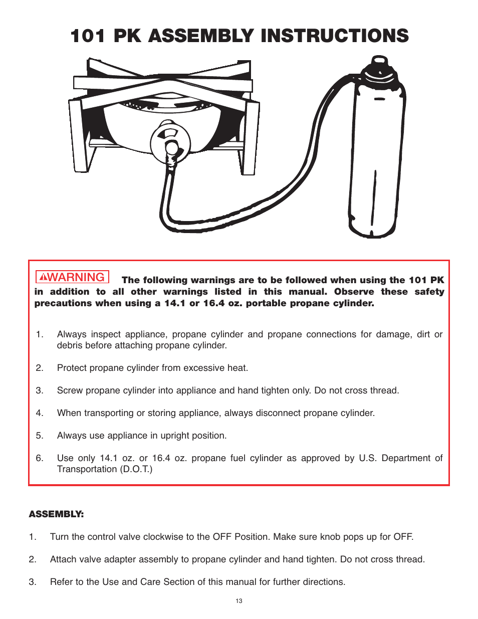 101 pk assembly instructions, Warning | Cooker King Cooker King Kooker OUTDOOR COOKER User Manual | Page 13 / 24