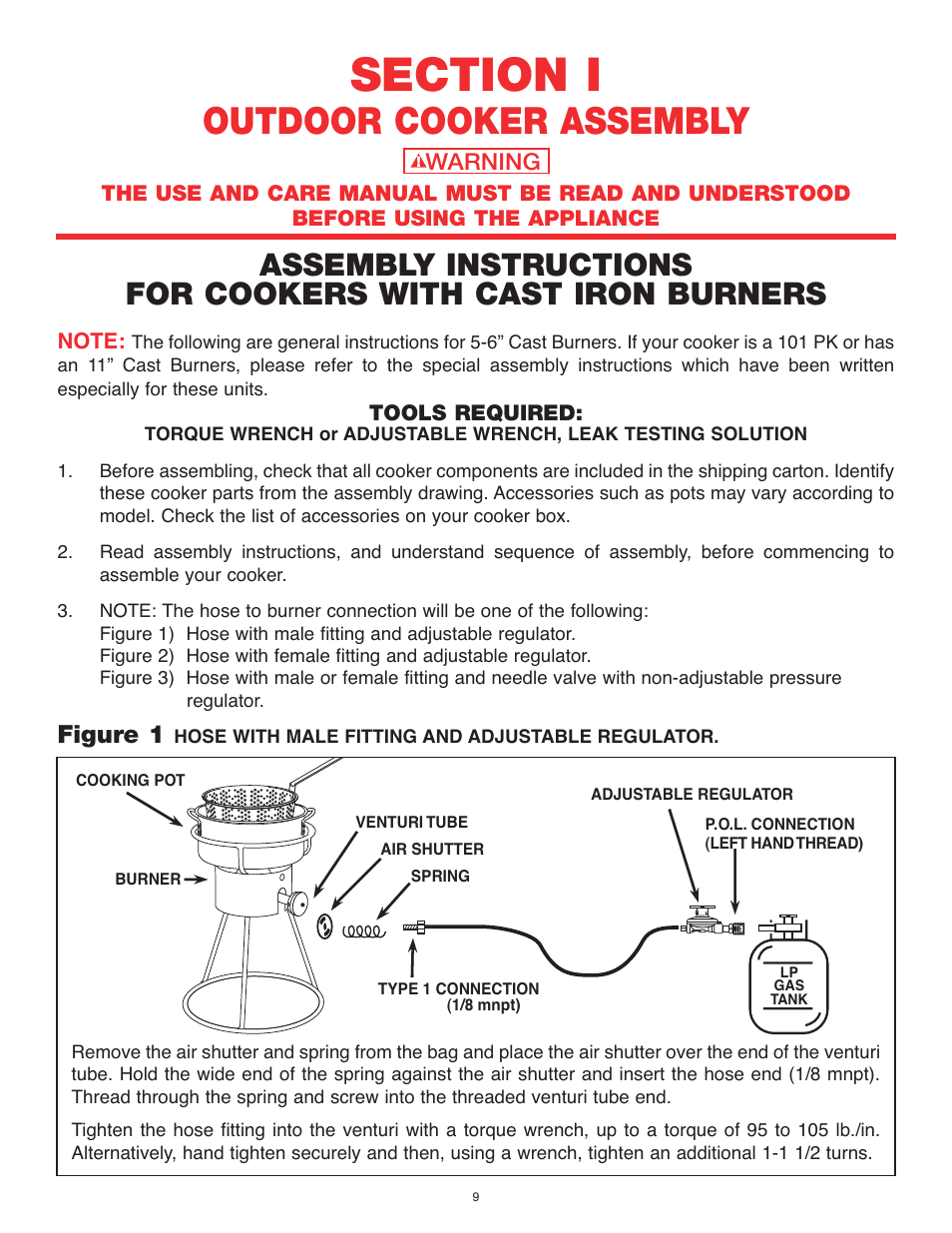 Outdoor cooker assembly, Cast iron, Figure 1 | Warning | Cooker King Cooker King Kooker OUTDOOR COOKER User Manual | Page 9 / 24