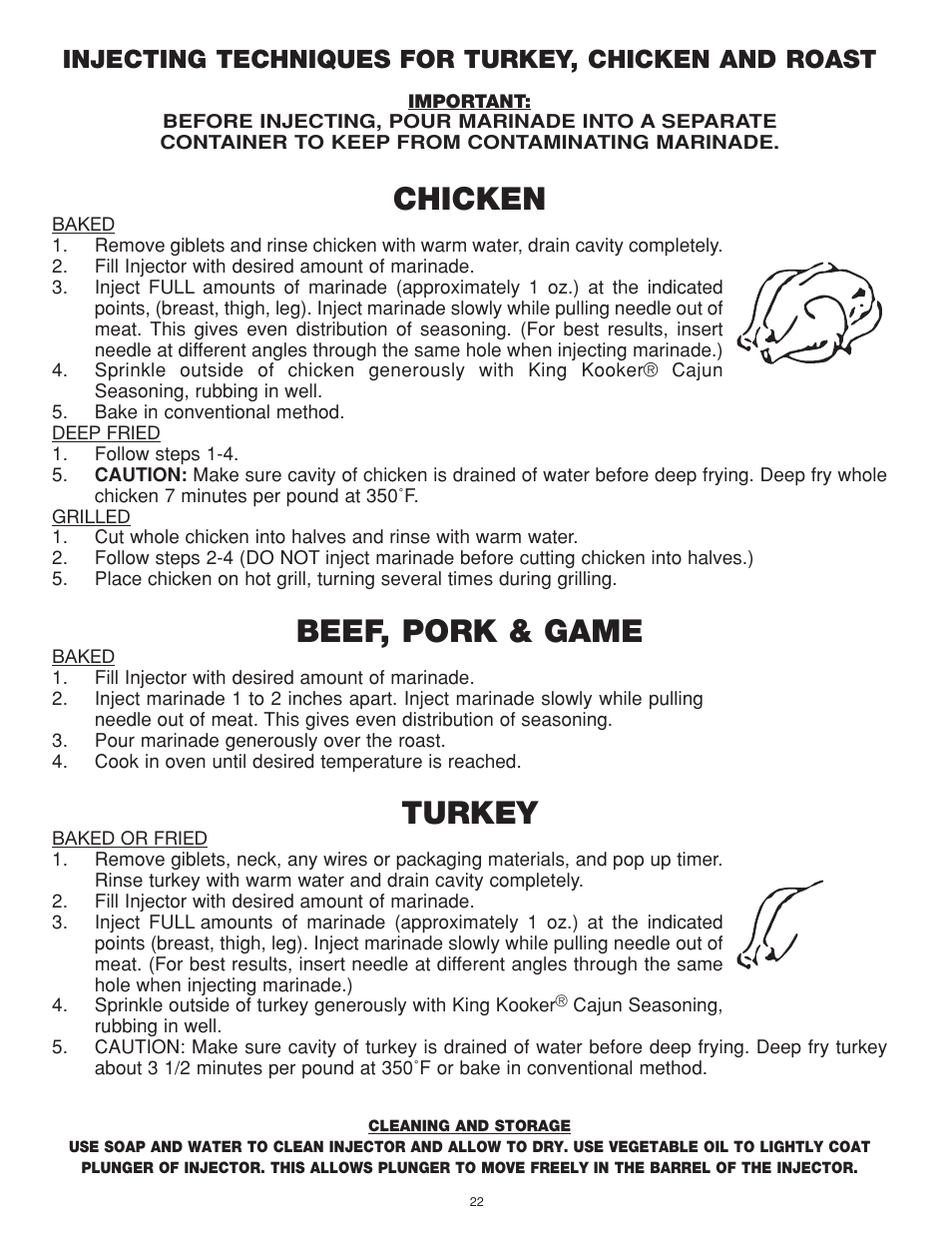 Chicken, Beef, pork & game, Turkey | Injecting techniques for turkey, chicken and roast | Cooker King Cooker OUTDOOR COOKERS User Manual | Page 22 / 32