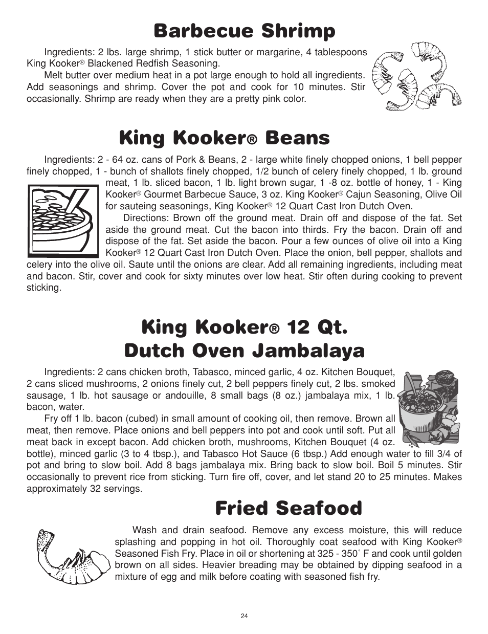 Barbecue shrimp, King kooker, Beans | 12 qt. dutch oven jambalaya, Fried seafood | Cooker King Cooker OUTDOOR COOKERS User Manual | Page 24 / 32
