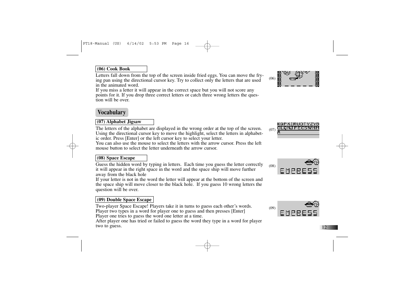 Vocabulary | Yakumo Accelerator PC Trainer Plus PT18 User Manual | Page 16 / 31