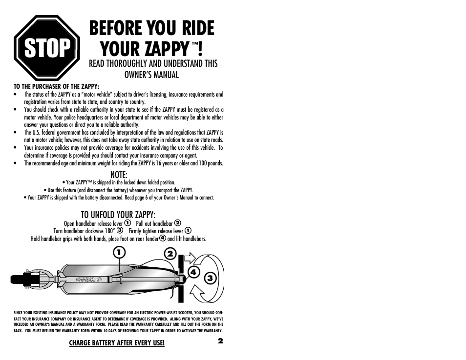 Stop, Before you ride your zappy | Zap ELECTRIC SCOOTER User Manual | Page 3 / 22