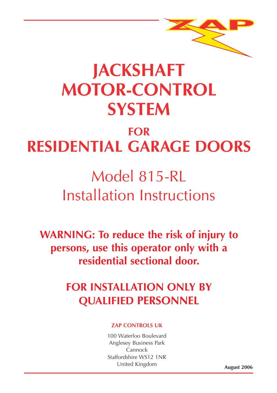 Zap JACKSHAFT MOTOR-CONTROL SYSTEM 815-RL User Manual | 28 pages