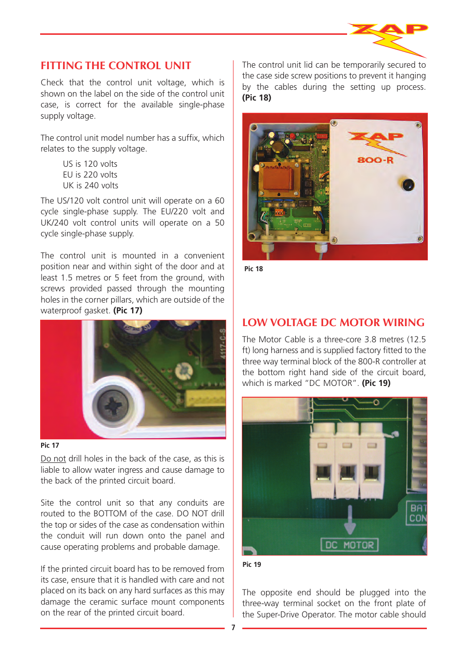 Fitting the control unit, Low voltage dc motor wiring | Zap JACKSHAFT MOTOR-CONTROL SYSTEM 815-RL User Manual | Page 12 / 28