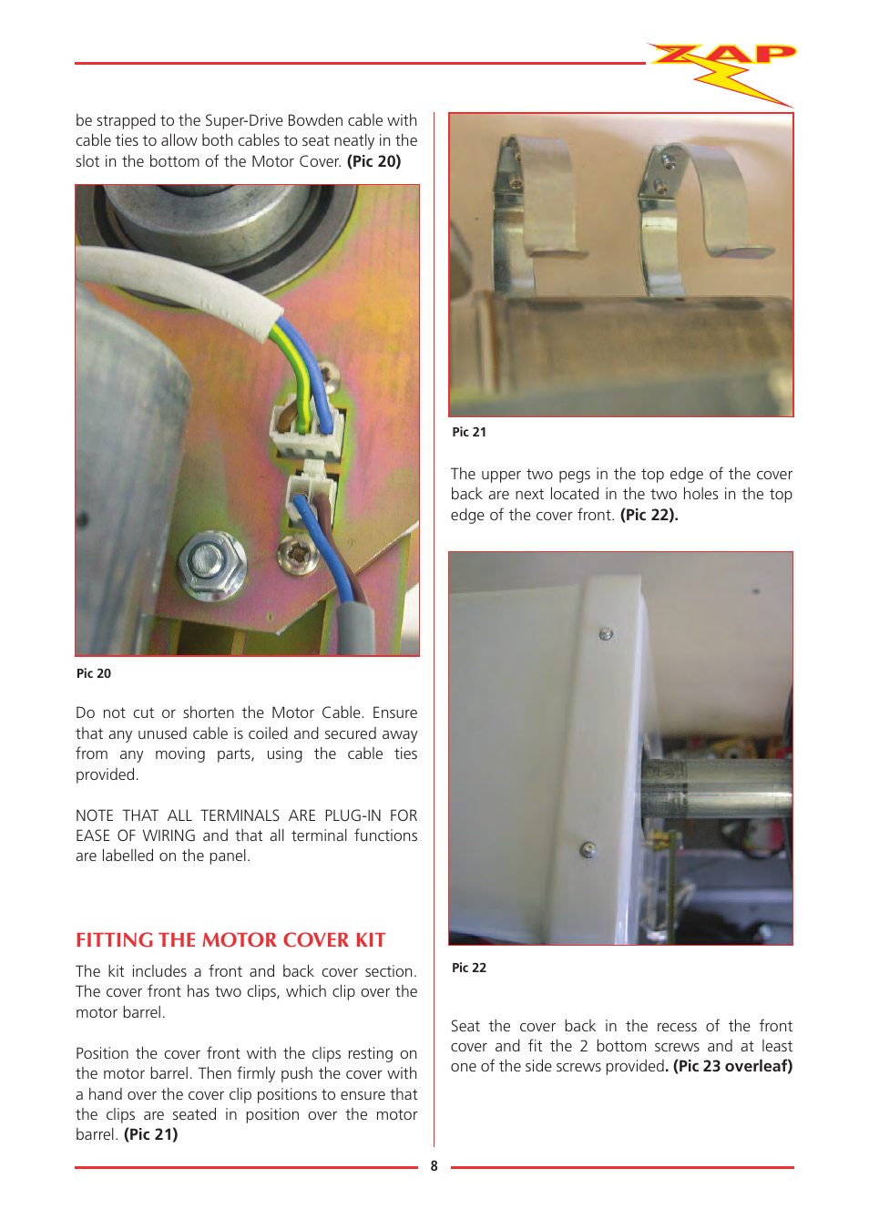 Fitting the motor cover kit | Zap JACKSHAFT MOTOR-CONTROL SYSTEM 815-RL User Manual | Page 13 / 28