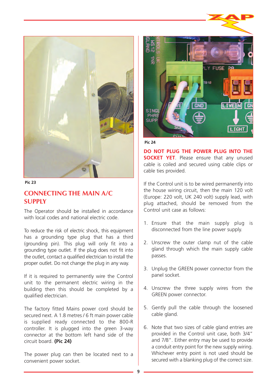 Connecting the main a/c supply | Zap JACKSHAFT MOTOR-CONTROL SYSTEM 815-RL User Manual | Page 14 / 28
