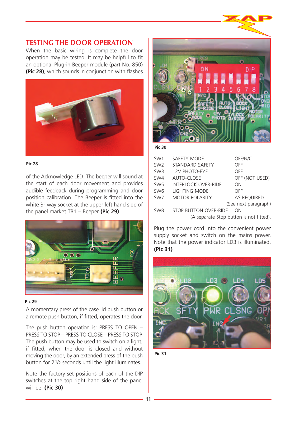 Testing the door operation | Zap JACKSHAFT MOTOR-CONTROL SYSTEM 815-RL User Manual | Page 16 / 28
