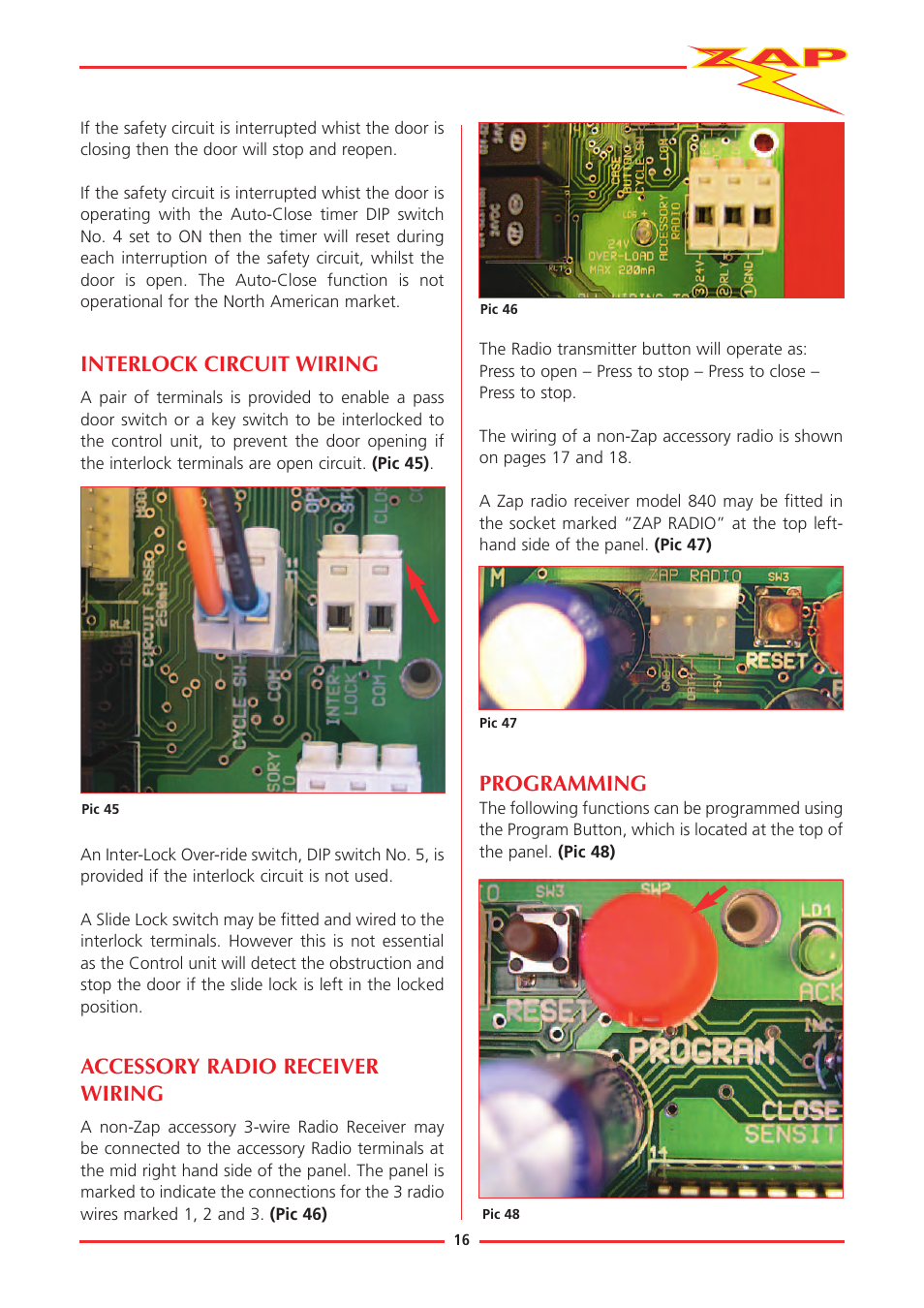 Interlock circuit wiring, Accessory radio receiver wiring, Programming | Zap JACKSHAFT MOTOR-CONTROL SYSTEM 815-RL User Manual | Page 21 / 28