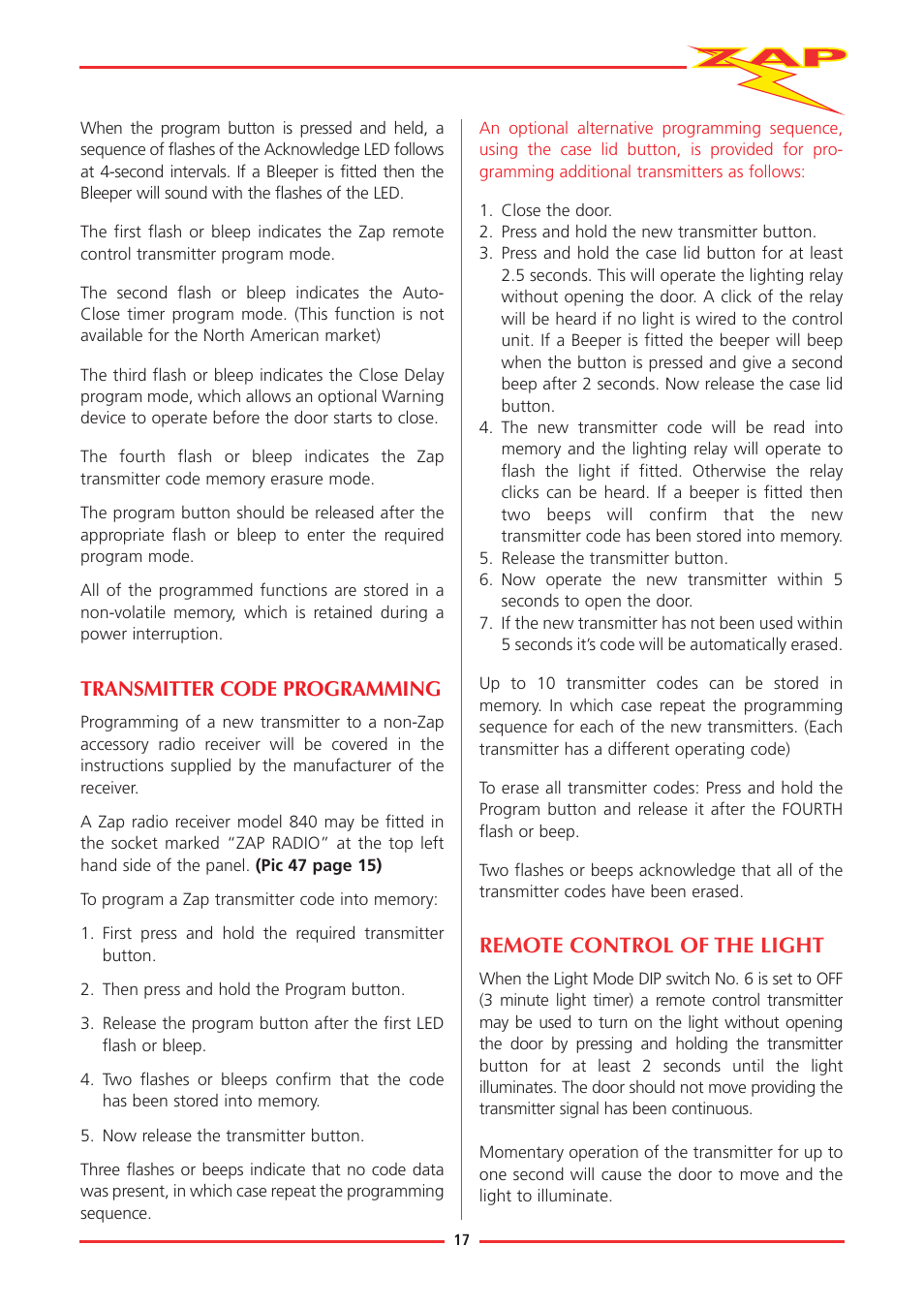 Remote control of the light, Transmitter code programming | Zap JACKSHAFT MOTOR-CONTROL SYSTEM 815-RL User Manual | Page 22 / 28