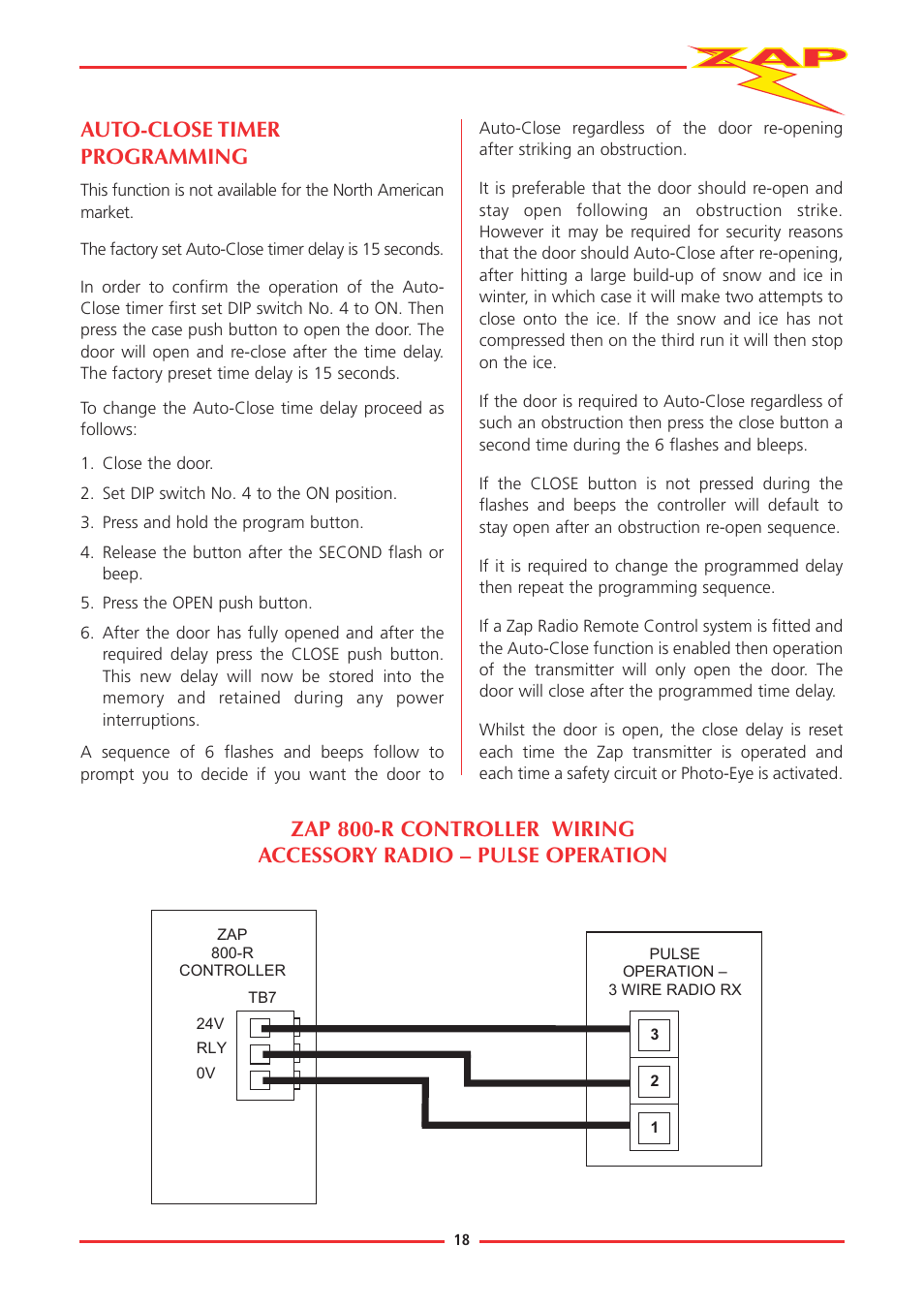 Auto-close timer programming | Zap JACKSHAFT MOTOR-CONTROL SYSTEM 815-RL User Manual | Page 23 / 28