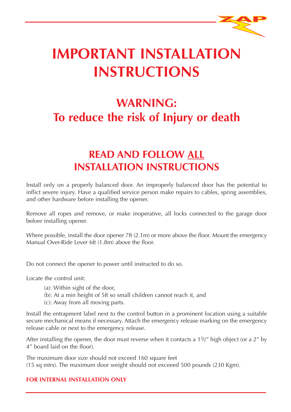 Important installation instructions, Warning: to reduce the risk of injury or death, Read and follow all installation instructions | Zap JACKSHAFT MOTOR-CONTROL SYSTEM 815-RL User Manual | Page 3 / 28