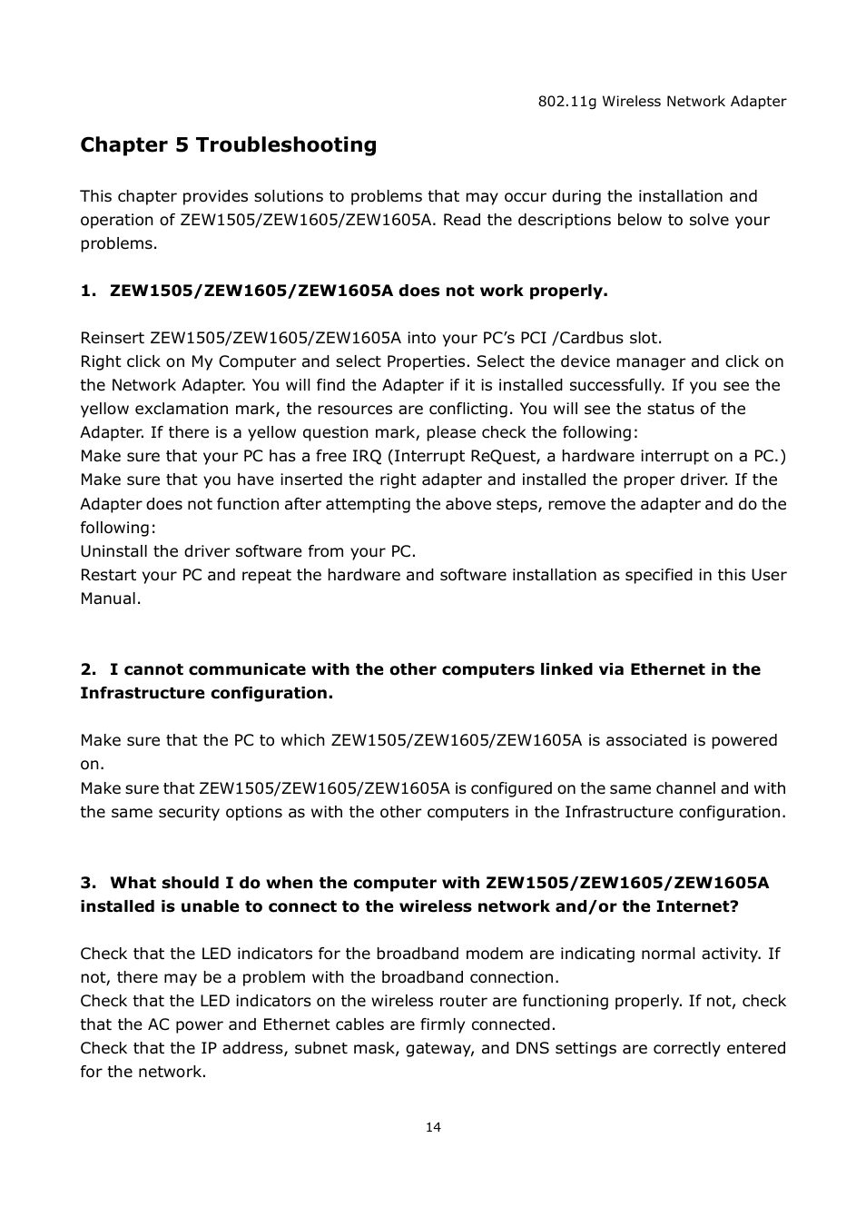 Chapter 5 troubleshooting | Zonet Technology ZEW1605A User Manual | Page 16 / 18