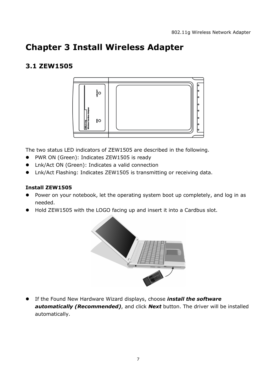 Chapter 3 install wireless adapter | Zonet Technology ZEW1605A User Manual | Page 9 / 18