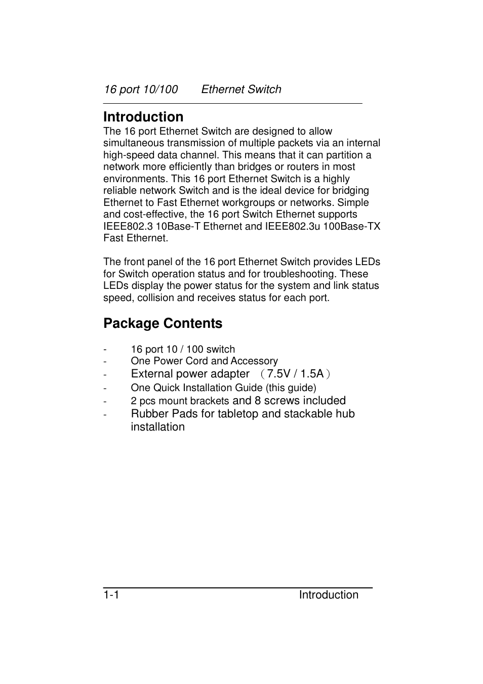 Introduction, Package contents | Zonet Technology 16 port 10/100 User Manual | Page 2 / 10