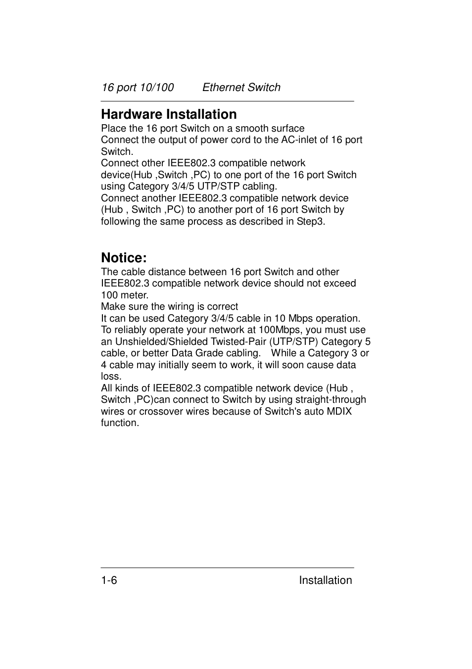 Hardware installation, Notice | Zonet Technology 16 port 10/100 User Manual | Page 7 / 10