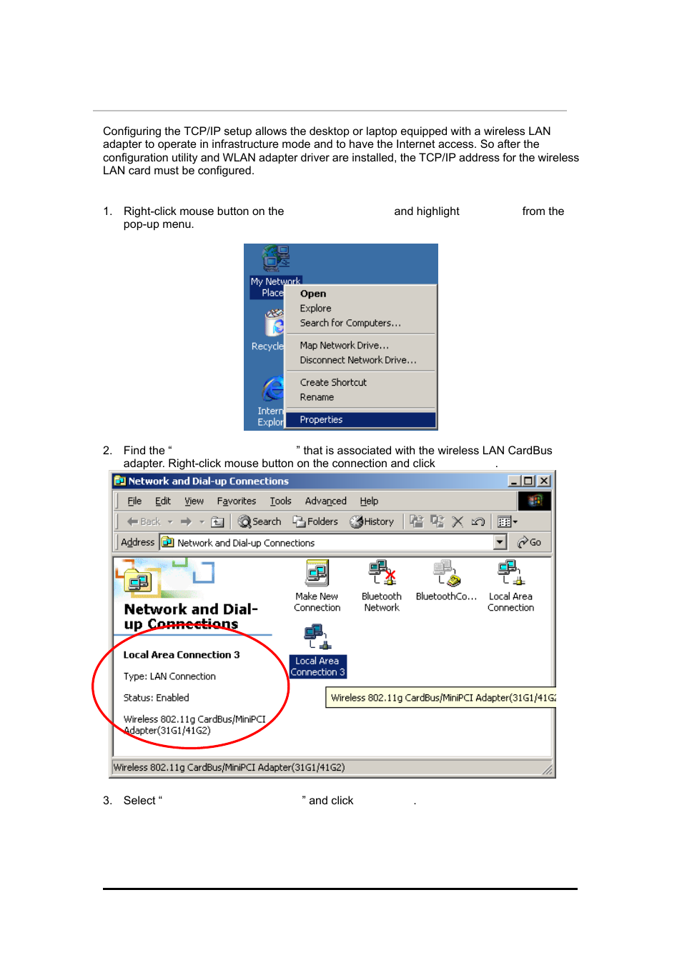 3tcp/ip setup in windows 2000, 3 tcp/ip, Etup | Indows | Zonet Technology 802.11 g 54Mbps Wireless LAN CardBus Adapter User Manual | Page 30 / 67
