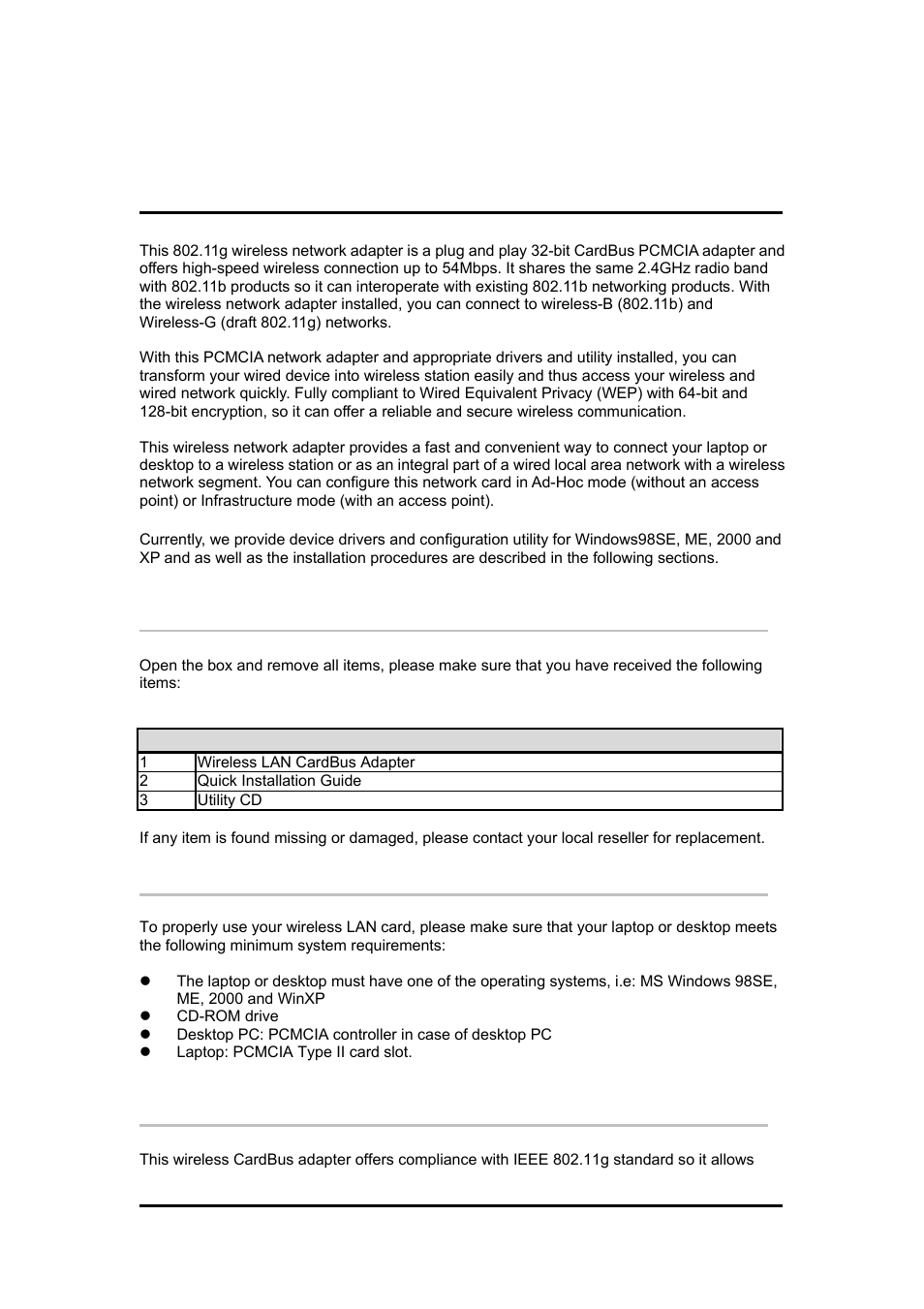 Chapter1 introduction, 1package content, 2system requirement | 3wireless lan cardbus adapter features, Ackage, Ontent, Ystem, Equirement, Ireless, Lan c | Zonet Technology 802.11 g 54Mbps Wireless LAN CardBus Adapter User Manual | Page 4 / 67