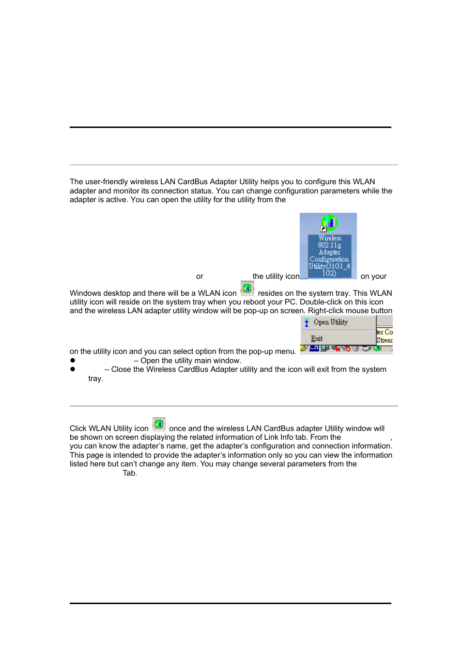 Chapter3, Wireless lan cardbus adapter utility, 1wireless lan adapter utility | 2wireless lan card utility – link info tab, Chapter3 wireless lan cardbus adapter utility, Ireless, Lan a, Dapter, Tility, Lan c | Zonet Technology 802.11 g 54Mbps Wireless LAN CardBus Adapter User Manual | Page 46 / 67