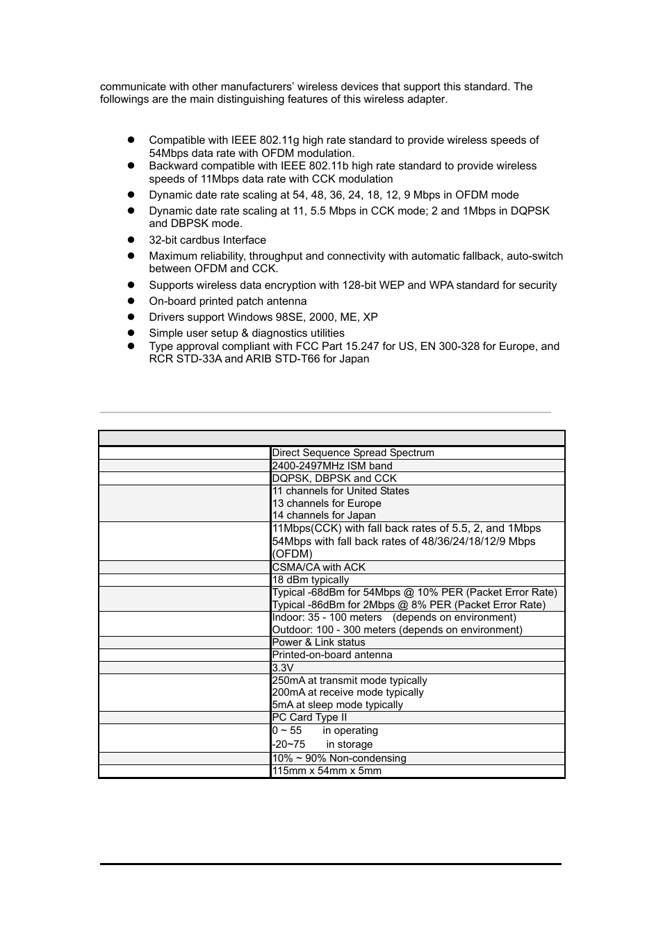 4wireless cardbus adapter specification, Ireless, Dapter | Pecification, 4 wireless cardbus adapter specification | Zonet Technology 802.11 g 54Mbps Wireless LAN CardBus Adapter User Manual | Page 5 / 67