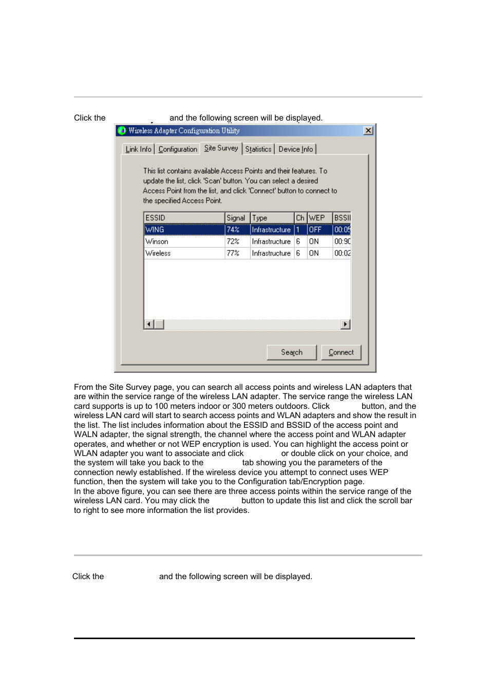 4 wireless lan adapter utility – site survey ta, 5 wireless lan card utility – statistics tab, Ireless | Lan a, Dapter, Tility, Urvey, Lan c, Tatistics, 4 wireless lan adapter utility – site survey tab | Zonet Technology 802.11 g 54Mbps Wireless LAN CardBus Adapter User Manual | Page 56 / 67