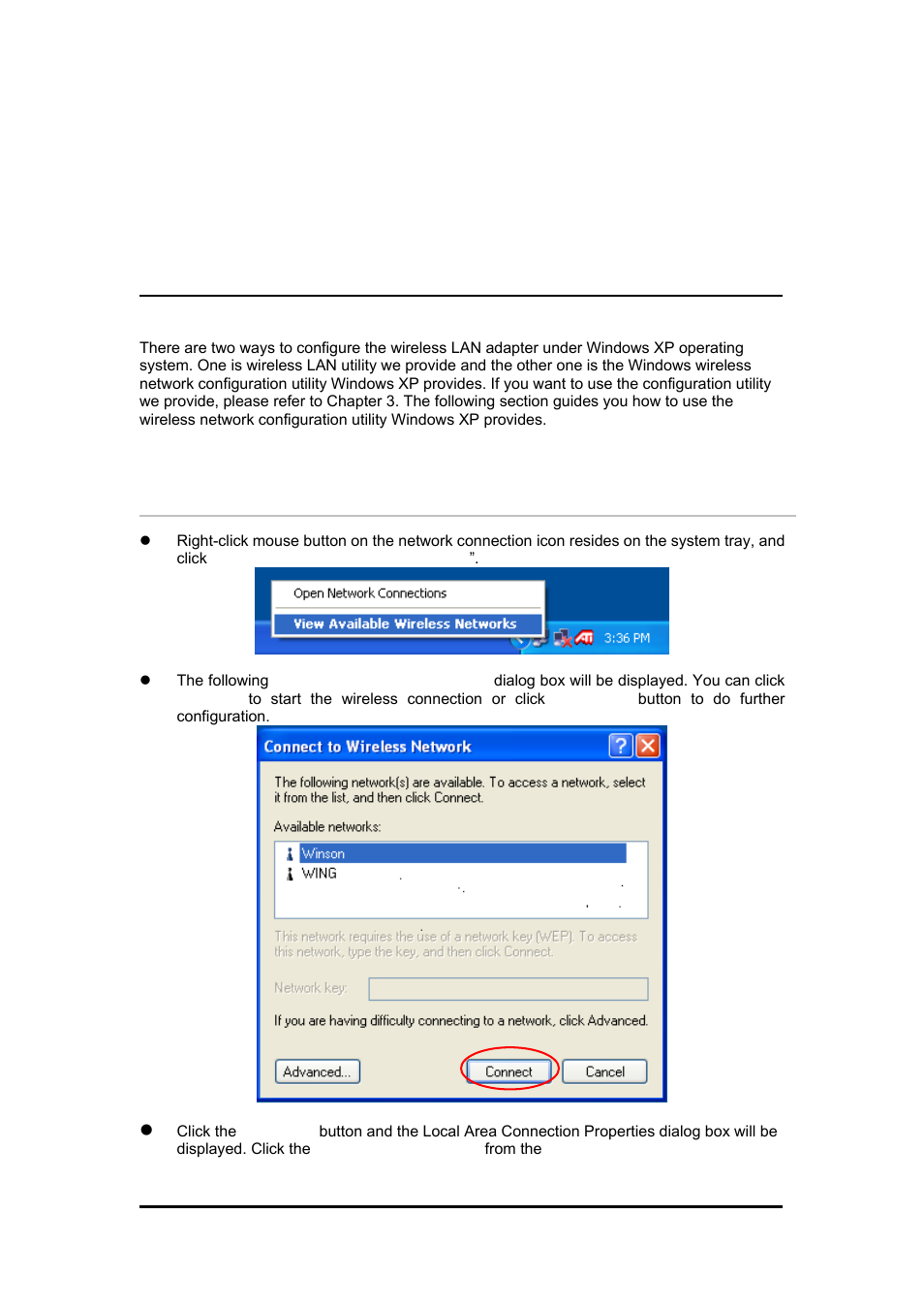 Chapter4, 1 open the local area connection dialog box, Pen the | Ocal, Rea connection dialog box | Zonet Technology 802.11 g 54Mbps Wireless LAN CardBus Adapter User Manual | Page 59 / 67