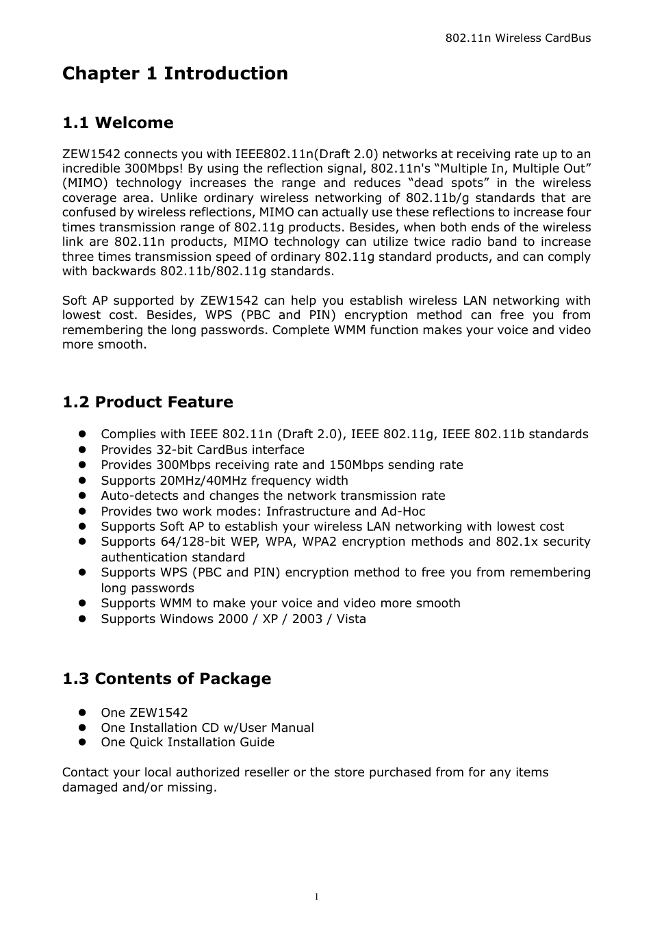 Chapter 1 introduction, 1 welcome, 2 product feature | 3 contents of package | Zonet Technology ZEW1542 User Manual | Page 4 / 30